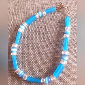 Blue Beaded Anklet/Bracelet Cat's Eye Glass - New Item (up to 9.5")